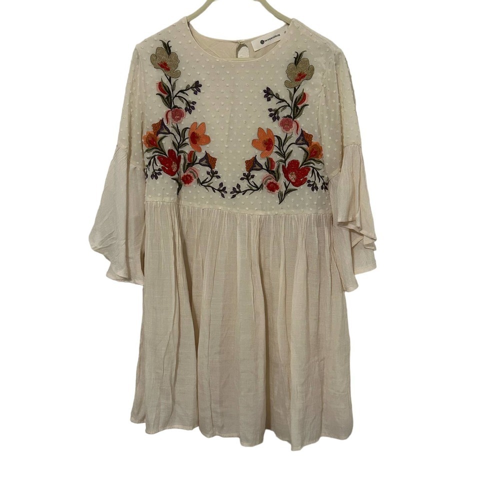 The Impeccable Pig Cream Midi Dress with Floral Embroidery